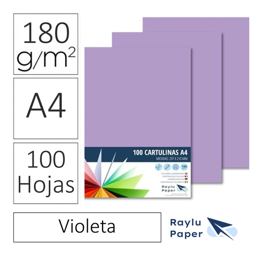 [220560] CARTULINAS RAYLU PAPER A4 180 g/m² (VIOLETA) · PACK 100 · CORTE LIMPIO · PH NEUTRO · APTAS PARA IMPRESIÓN