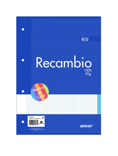 [001829] RECAMBIO A4 100 HOJAS 90 GRAMOS CUADRO 4MM 5 COLORES