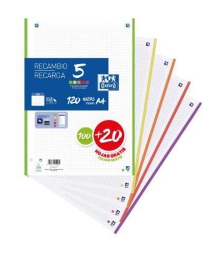 [650154] RECAMBIO A4 CUADRÍCULA 5x5 – 120 HOJAS, 4 TALADROS, COLORES VIVOS OXFORD