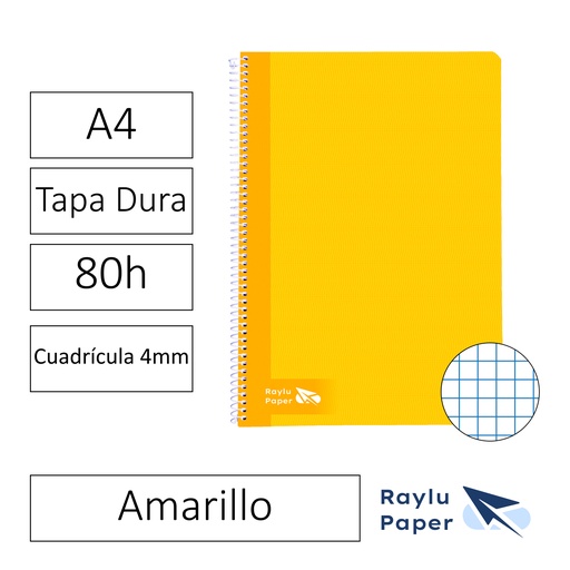 [004001] BLOC ESPIRAL FOLIO TAPA DURA 80 HOJAS 70 GRAMOS CUADRO 4MM AMARILLO RAYLU
