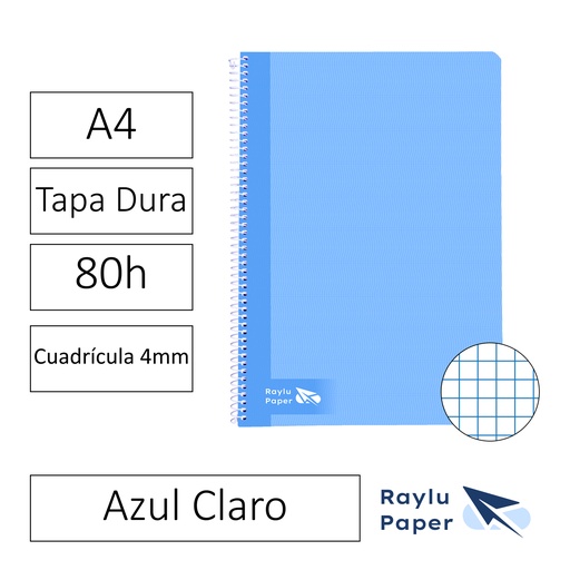 [004006] BLOC ESPIRAL FOLIO TAPA DURA 80 HOJAS 70 GRAMOS CUADRO 4MM AZUL CLARO RAYLU