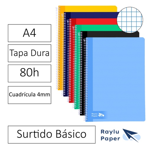 [001158] BLOC ESPIRAL FOLIO TAPA DURA 80 HOJAS 70 GRAMOS CUADRO 4MM COLORES SURTIDOS RAYLU