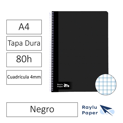 [004005] BLOC ESPIRAL FOLIO TAPA DURA 80 HOJAS 70 GRAMOS CUADRO 4MM NEGRO RAYLU