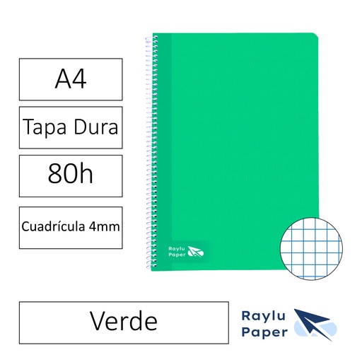 [004004] BLOC ESPIRAL FOLIO TAPA DURA 80 HOJAS 70 GRAMOS CUADRO 4MM VERDE RAYLU