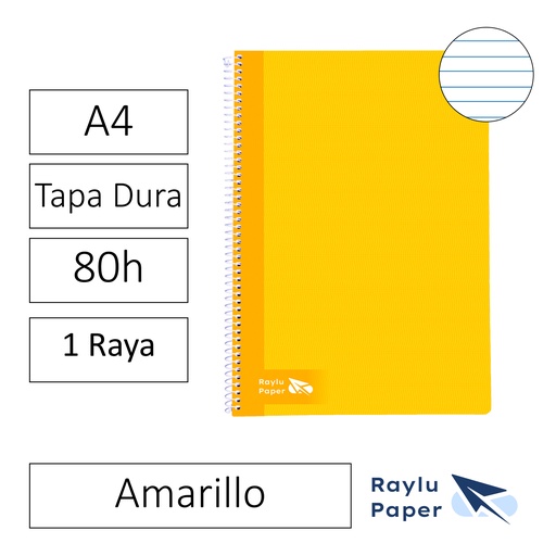 [004007] BLOC ESPIRAL FOLIO TAPA DURA 80 HOJAS 70 GRAMOS HORIZONTAL AMARILLO RAYLU