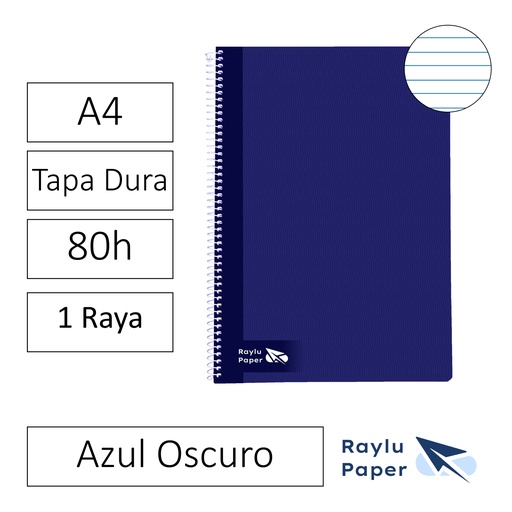 [004008] BLOC ESPIRAL FOLIO TAPA DURA 80 HOJAS 70 GRAMOS HORIZONTAL AZUL OSCURO RAYLU