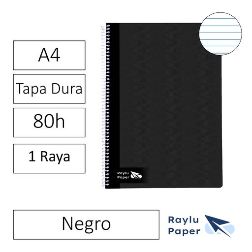 [004011] BLOC ESPIRAL FOLIO TAPA DURA 80 HOJAS 70 GRAMOS HORIZONTAL NEGRO RAYLU