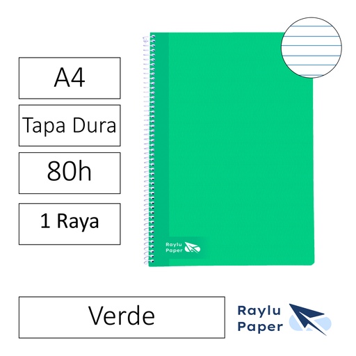 [004010] BLOC ESPIRAL FOLIO TAPA DURA 80 HOJAS 70 GRAMOS HORIZONTAL VERDE RAYLU