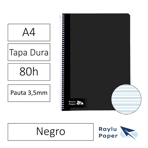 [004017] BLOC ESPIRAL FOLIO TAPA DURA 80 HOJAS 70 GRAMOS PAUTA 3,5MM NEGRO RAYLU