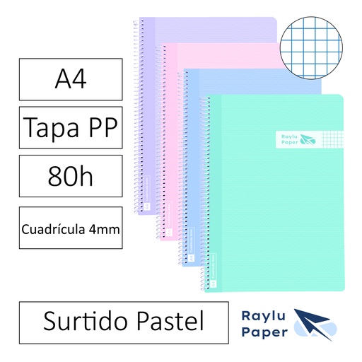 [003221] BLOC ESPIRAL FOLIO TAPA PLASTICO 80 HOJAS 90 GRAMOS CUADRO 4MM COLORES PASTEL RAYLU