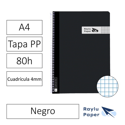 [005006] BLOC ESPIRAL FOLIO TAPA PLASTICO 80 HOJAS 90 GRAMOS CUADRO 4MM NEGRO RAYLU