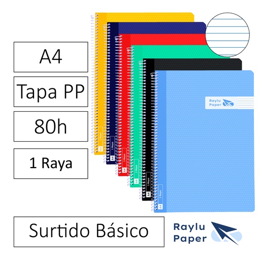 [002428] BLOC ESPIRAL FOLIO TAPA PLASTICO 80 HOJAS 90 GRAMOS HORIZONTAL COLORES SURTIDOS RAYLU