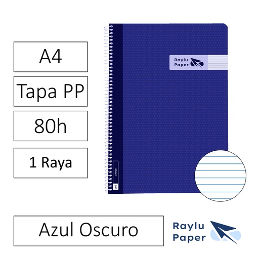 [005009] BLOC ESPIRAL FOLIO TAPA PLASTICO 80 HOJAS 90 GRAMOS HORIZONTAL AZUL OSCURO RAYLU