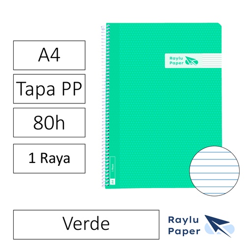 [005011] BLOC ESPIRAL FOLIO TAPA PLASTICO 80 HOJAS 90 GRAMOS HORIZONTAL VERDE RAYLU