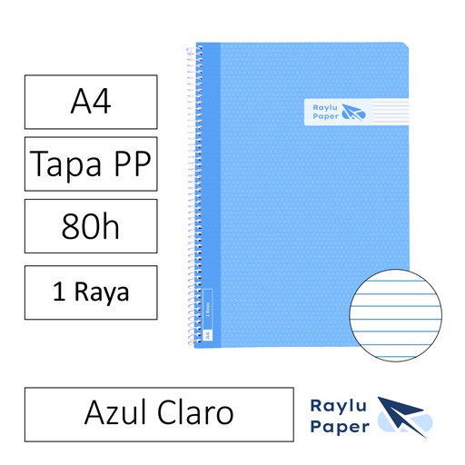 [005013] BLOC ESPIRAL FOLIO TAPA PLASTICO 80 HOJAS 90 GRAMOS HORIZONTAL AZUL CLARO RAYLU