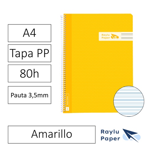 [005014] BLOC ESPIRAL FOLIO TAPA PLASTICO 80 HOJAS 90 GRAMOS PAUTA 3,5MM AMARILLO RAYLU