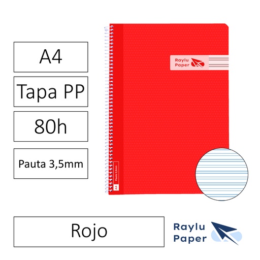 [005016] BLOC ESPIRAL FOLIO TAPA PLASTICO 80 HOJAS 90 GRAMOS PAUTA 3,5MM ROJO RAYLU