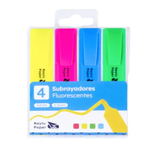 [081532] MARCADOR FLUORESCENTE RAYLU RAYLIGHT – BLÍSTER 4 UDS – 4 COLORES NEÓN – PUNTA BISELADA 2–5 MM
