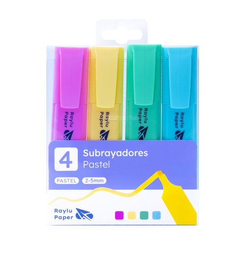 [081534] MARCADOR FLUORESCENTE RAYLU RAYLIGHT – BLÍSTER 4 UDS – 4 COLORES PASTEL – PUNTA BISELADA 2–5 MM
