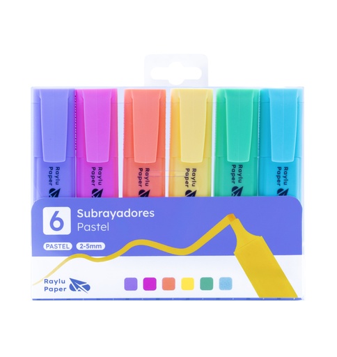 [081535] MARCADOR FLUORESCENTE RAYLU RAYLIGHT – BLÍSTER 6 UDS – 6 COLORES PASTEL – PUNTA BISELADA 2–5 MM