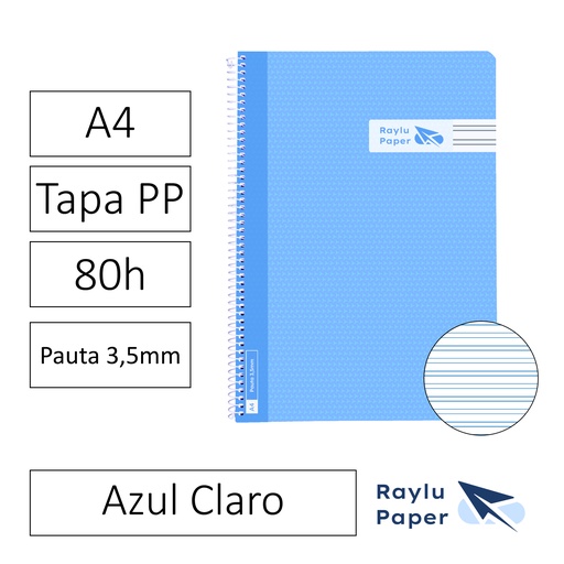 [005019] BLOC ESPIRAL FOLIO TAPA PLASTICO 80 HOJAS 90 GRAMOS PAUTA 3,5MM AZUL CLARO RAYLU