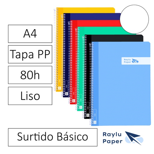 [002548] BLOC ESPIRAL FOLIO TAPA PLASTICO 80 HOJAS 90 GRAMOS LISO RAYLU