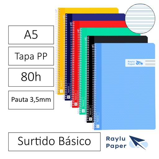 [002762] BLOC ESPIRAL A5 TAPA PLASTICO 80 HOJAS 90 GAMOS PAUTA 3,5MM RAYLU