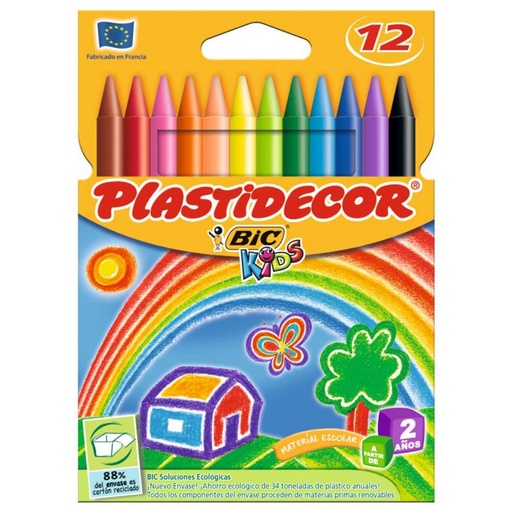 [630036] CERAS BIC PLASTIDECOR KIDS — ESTUCHE 12 COLORES · LIMPIAS Y RESISTENTES · NO ENSUCIAN · BORRABLES Y AFILABLES