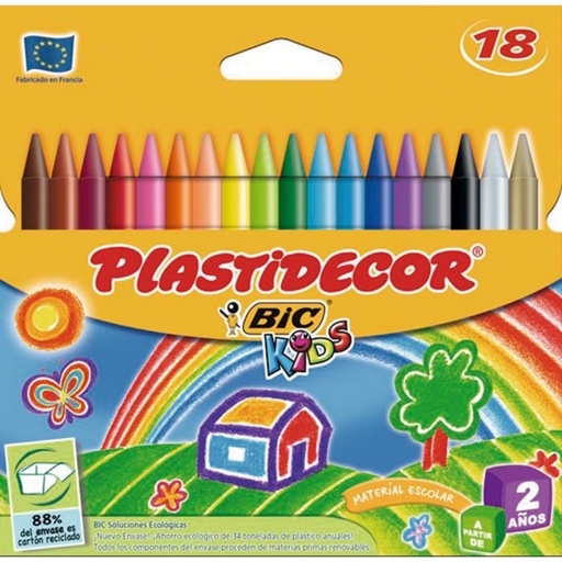 [630037] CERAS BIC PLASTIDECOR KIDS — ESTUCHE 18 COLORES · LIMPIAS Y RESISTENTES · NO ENSUCIAN · BORRABLES Y AFILABLES