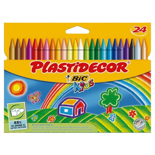 [630038] CERAS BIC PLASTIDECOR KIDS — ESTUCHE 24 COLORES · LIMPIAS Y RESISTENTES · NO ENSUCIAN · BORRABLES Y AFILABLES