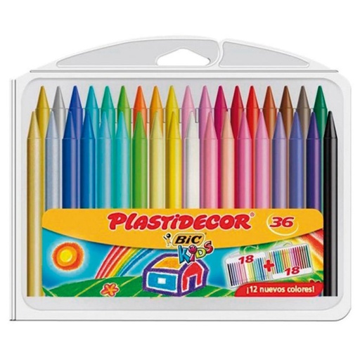 [649759] CERAS BIC PLASTIDECOR KIDS — ESTUCHE 36 COLORES · LIMPIAS Y RESISTENTES · NO ENSUCIAN · BORRABLES Y AFILABLES