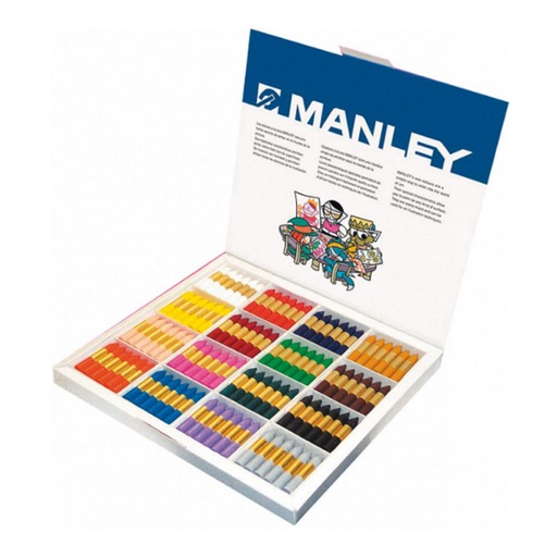 [649629] CERAS BLANDAS MANLEY — PACK AULA 16 COLORES × 12 UDS = 192 · RESISTENTES AL AGUA · TRAZO SUAVE · COLORES LUMINOSOS · RESISTENCIA A LA LUZ · MEZCLABLES · PERFECTAS PARA DIFUMINAR