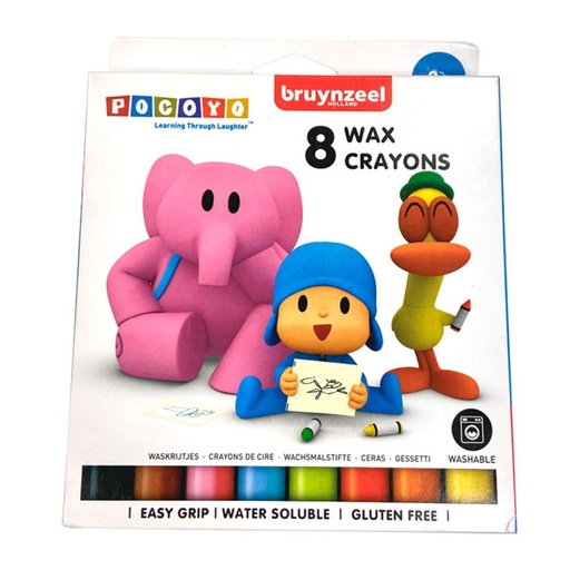 [649109] CERAS DE COLORES BRUYNZEEL POCOYO · ESTUCHE 8 · PUNTA GRUESA · LAVABLES · SE MEZCLAN CON AGUA · SIN GLUTEN