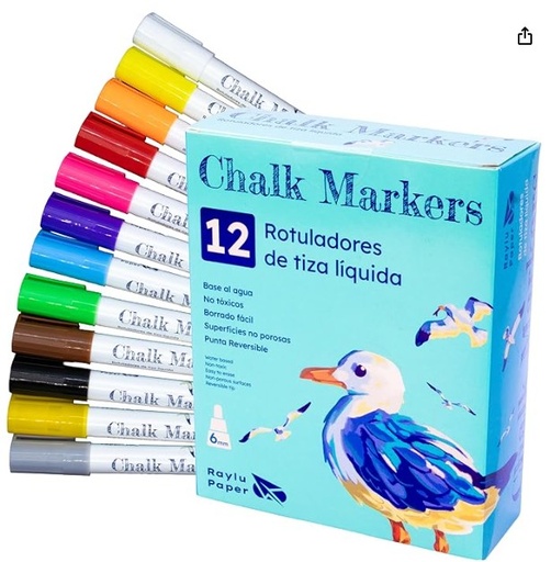 [704272] ROTULADORES DE TIZA LÍQUIDA 12 COLORES (BASE AL AGUA, PUNTA REVERSIBLE) RAYLU PAPER