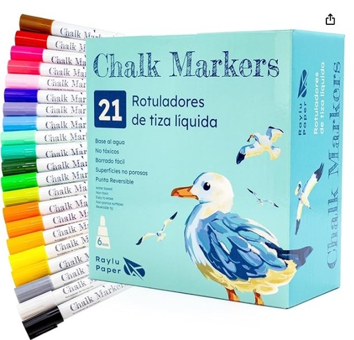 [704273] ROTULADORES DE TIZA LÍQUIDA 21 COLORES (BASE AL AGUA, PUNTA REVERSIBLE) RAYLU PAPER