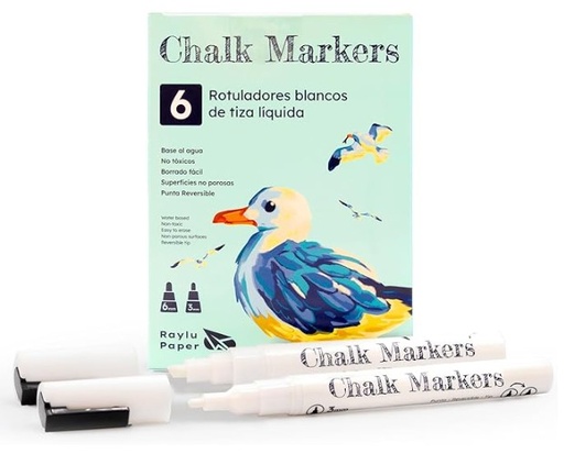 [704274] ROTULADORES DE TIZA LÍQUIDA 6 BLANCOS (BASE AL AGUA, PUNTA REVERSIBLE) RAYLU PAPER