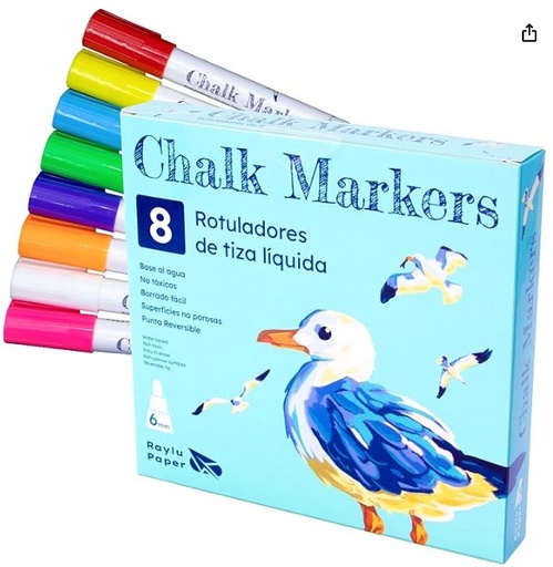 [704271] ROTULADORES DE TIZA LÍQUIDA 8 COLORES (BASE AL AGUA, PUNTA REVERSIBLE) RAYLU PAPER