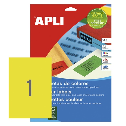 [028437] APLI ETIQUETAS AMARILLAS PERMANENTES 210 X 297 MM | 20 HOJAS (20 ETIQUETAS)