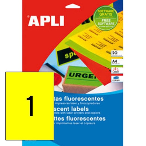 [029282] APLI ETIQUETAS AMARILLO FLUORESCENTE PERMANENTES 210 X 297 MM | PACK 20 ETIQUETAS (20 HOJAS)