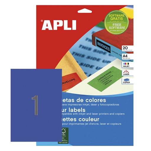 [028438] APLI ETIQUETAS AZULES PERMANENTES 210 X 297 MM | 20 HOJAS (20 ETIQUETAS)