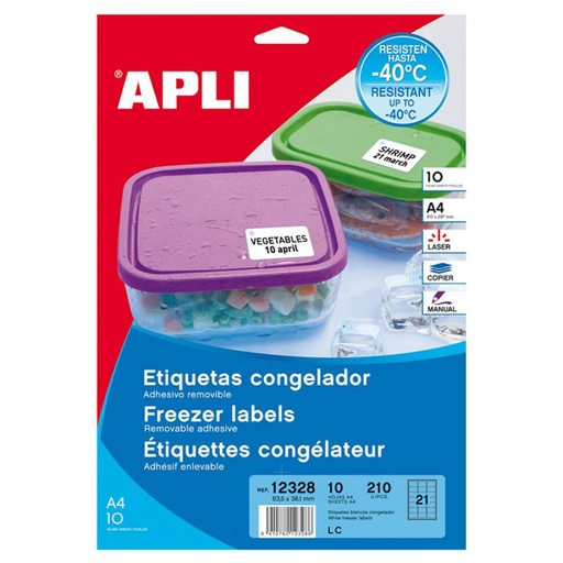 [002924] APLI ETIQUETAS BLANCAS ESPECIAL CONGELADOR 63,5 X 38,1 MM | 10 HOJAS (210 ETIQUETAS)