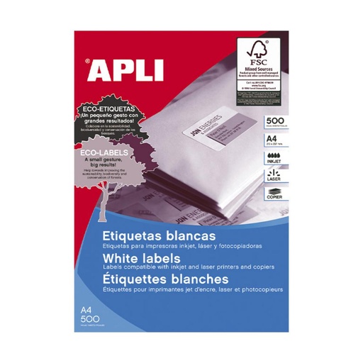 [003450] APLI ETIQUETAS BLANCAS PERMANENTES 105 X 74 MM | 500 HOJAS (4.000 ETIQUETAS)
