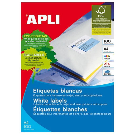 [029219] APLI ETIQUETAS BLANCAS PERMANENTES 64,6 X 33,8 MM | 100 HOJAS (2.400 ETIQUETAS)