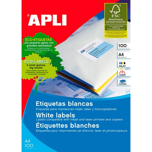 [029837] APLI ETIQUETAS BLANCAS PERMANENTES 70 X 33,8 MM | 100 HOJAS (2.400 ETIQUETAS)