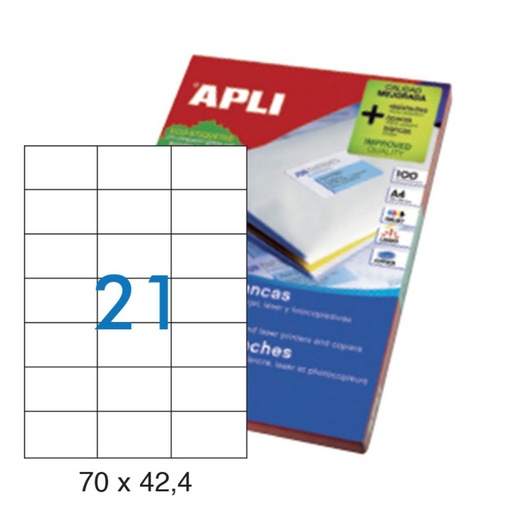 [001261] APLI ETIQUETAS BLANCAS PERMANENTES 70 X 42,4 MM | 100 HOJAS (2.100 ETIQUETAS)
