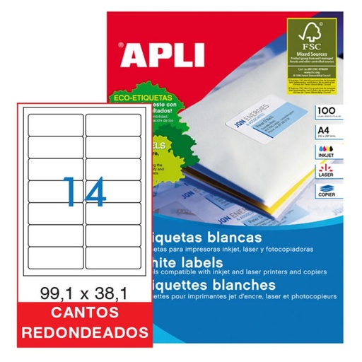 [029811] APLI ETIQUETAS BLANCAS PERMANENTES 99,1 X 38,1 MM | 100 HOJAS (1.400 ETIQUETAS)