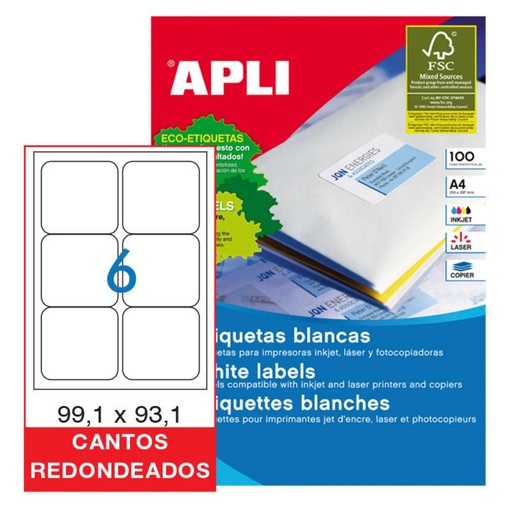 [029217] APLI ETIQUETAS BLANCAS PERMANENTES 99,1 X 93,1 MM | 100 HOJAS (600 ETIQUETAS)