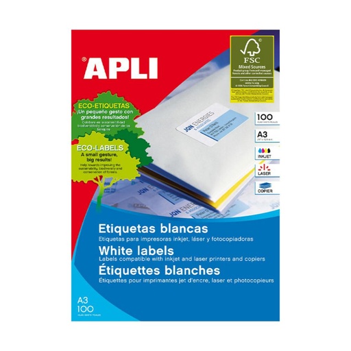 [003445] APLI ETIQUETAS BLANCAS PERMANENTES A3 297 X 420 MM | 100 HOJAS (100 ETIQUETAS)