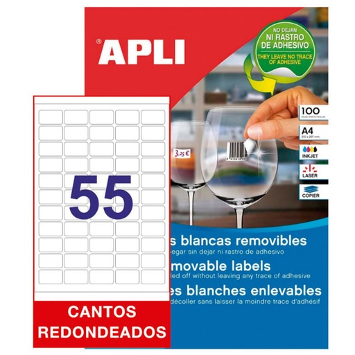 [002068] APLI ETIQUETAS BLANCAS REMOVIBLES 36,8 X 23,8 MM | 100 HOJAS (5.500 ETIQUETAS)
