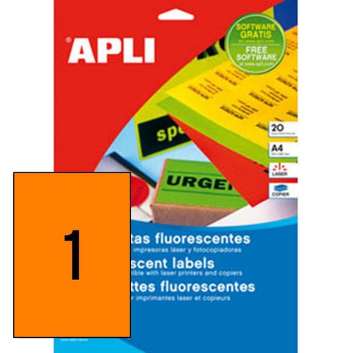 [029281] APLI ETIQUETAS NARANJA FLUORESCENTE PERMANENTES 210 X 297 MM | PACK 20 ETIQUETAS (20 HOJAS)
